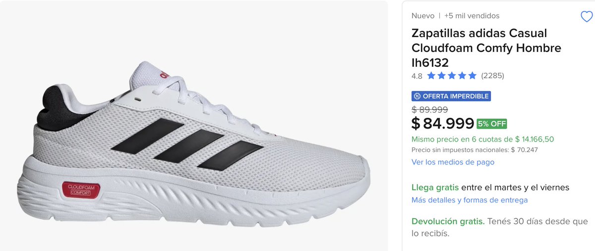 RadarOfertasAR's tweet photo. 🔥 ADIDAS CLOUDFOAM COMFY: PARA TENERLAS PUESTAS TODO EL DÍA

Antes: $89.999
Ahora: $84.999 en 6 cuotas SIN interés 🔥
👉 https://t.co/pzd5c6ahgN

Plantilla Cloudfoam Comfort, exterior textil liviano y amortiguación suave. 
En las opiniones se repiten mucho la comodidad, lo livianas que son y el uso diario; incluso las usan para salir o ir al gym.

✅ Tienda Oficial ADIDAS en Mercado Libre

¡Elegí tu talle y aprovechá uno de los modelos más buscados de Adidas!

Miralas acá 👉 https://t.co/pzd5c6ahgN