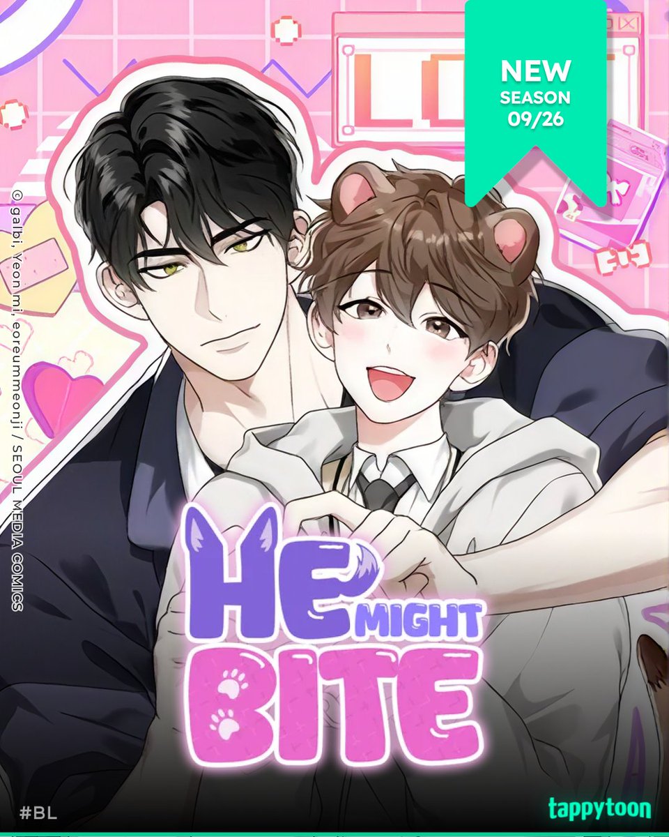 Tappy_toon's tweet photo. Kyu! Cutie pies Yoontae and Jeongseo are back for a new season! 😭✨

We are so excited to see what happens next!

Head on over to Tappytoon to start reading <He Might Bite> Season 2 available now. ➡️https://t.co/xmnX57YHdL

#Tappytoon #HeMightBite #BLManhwa https://t.co/RpCs7U8xK8