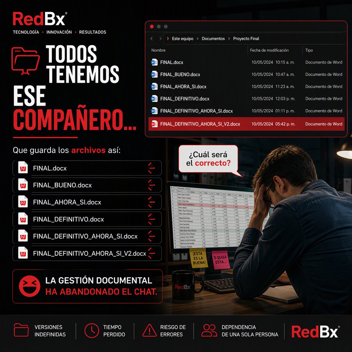 RedBxOficial's tweet photo. 📂 FINAL.docx
📂 FINAL_BUENO.docx
📂 FINAL_AHORA_SI.docx
📂 FINAL_DEFINITIVO.docx
📂 FINAL_DEFINITIVO_AHORA_SI.docx

Todos conocemos ese proyecto.

#CulturaTech #HumorCorporativo #RedBx https://t.co/lZnik43mGU