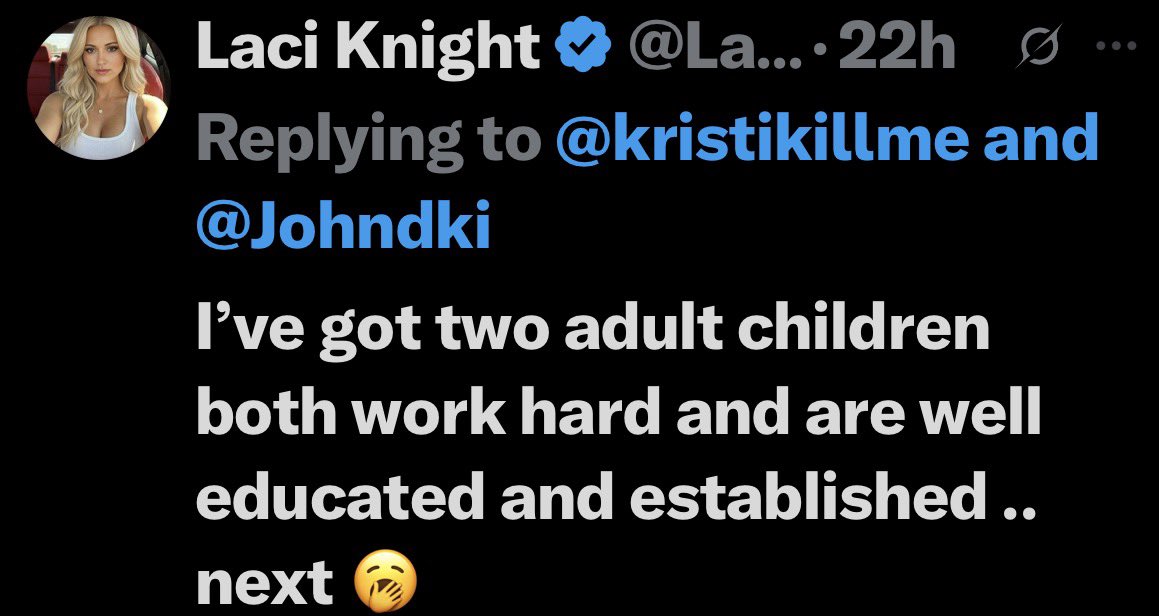 lakimdayornight's tweet photo. @IntolerantMatt @G79767Grace Your fake account has stated you have no kids, Laci your kids are adults and I said nothing about the obese thing Michelle’s kids 🤣 she’s another pathetic loser 🤣 https://t.co/qwWQdM2SEj