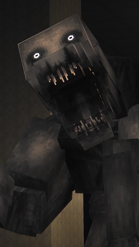 A close-up digital rendering or screenshot of a blocky, pixelated character with glowing white eyes and teeth, resembling a Minecraft-style horror figure.