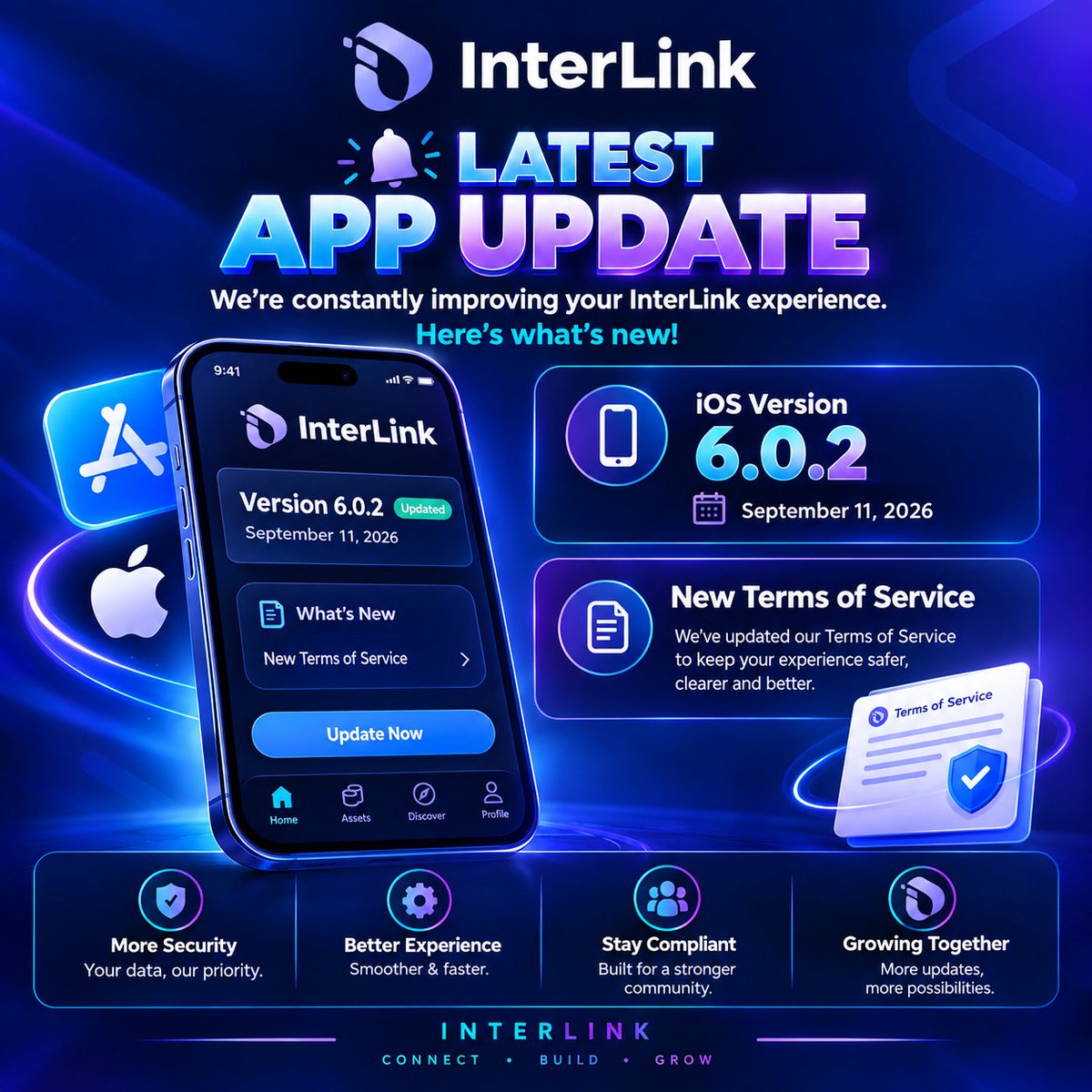 kanugula1984's tweet photo. Latest app update — The iOS version history lists version 6.0.2 on September 11, 2026, including new Terms of Service. #InterLink #ITLG #ITL #InterLinkAmbassador https://t.co/5eHgxYUHBf
