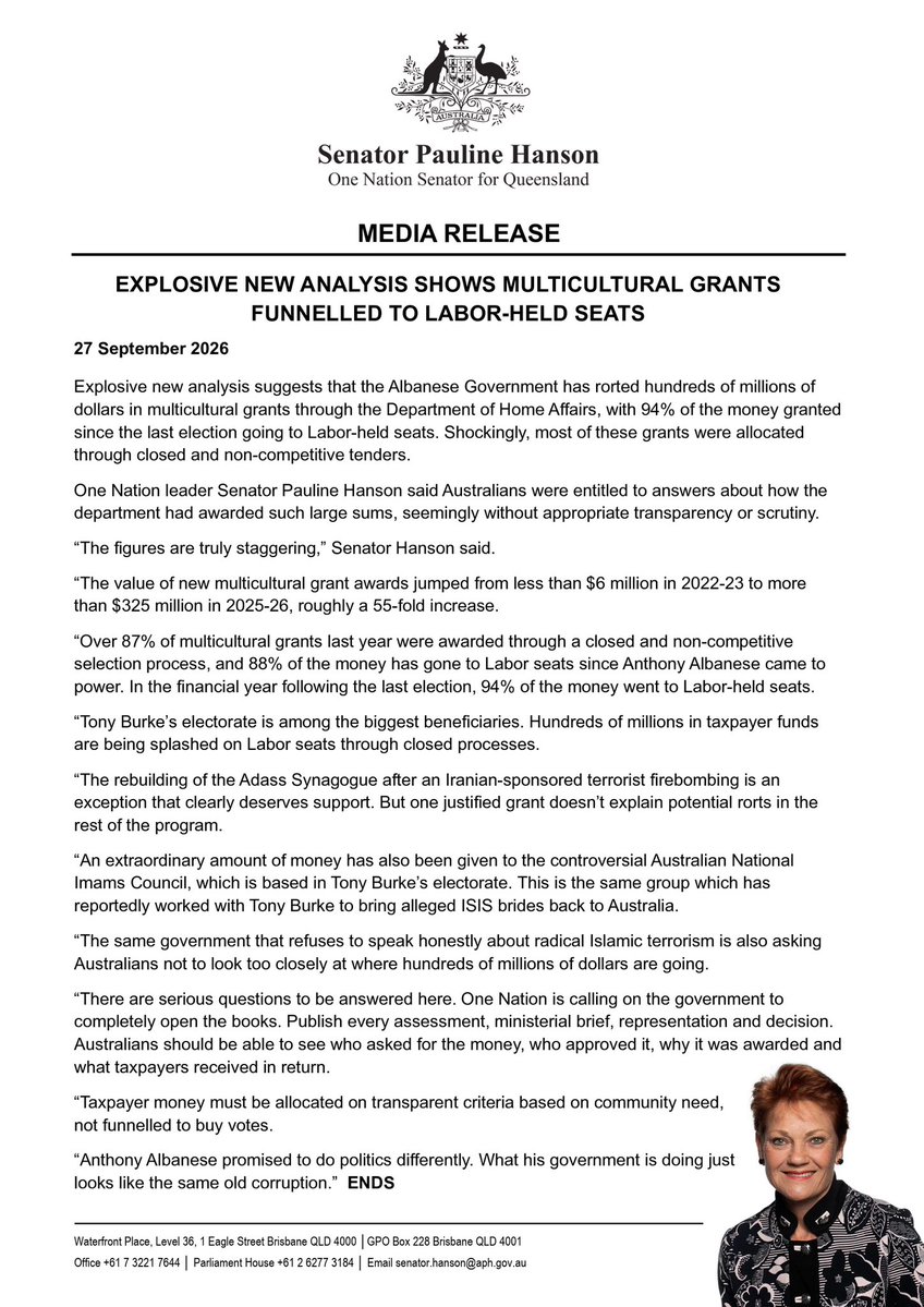 PaulineHansonOz's tweet photo. Media Release: Grants funnelled to Labor seats in new rort. https://t.co/nEEAmZRqVb
