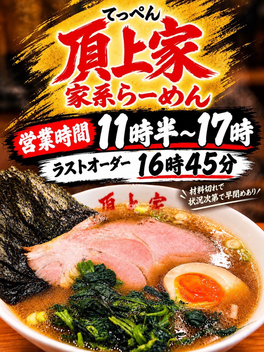 ramenteppen1's tweet photo. おはようございます！

日曜日は１７時まで営業してます🍜

11時30分〜17時
（L.O.16時45分） https://t.co/BUg2aOtbua