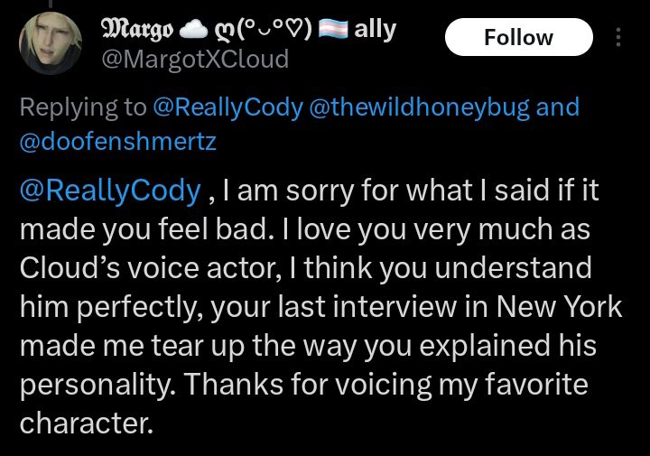 JediJenna's tweet photo. Margie has totally disavowed Cody because he said Tifa knows Cloud better than anyone and that Cloud wouldn’t be who he is without Tifa. It started back when she beefed with Cody over the TIFAAAAAAA meme but still said he “understood Cloud perfectly” lol. Not anymore, I guess💀🫠 https://t.co/nLWaSU02D4