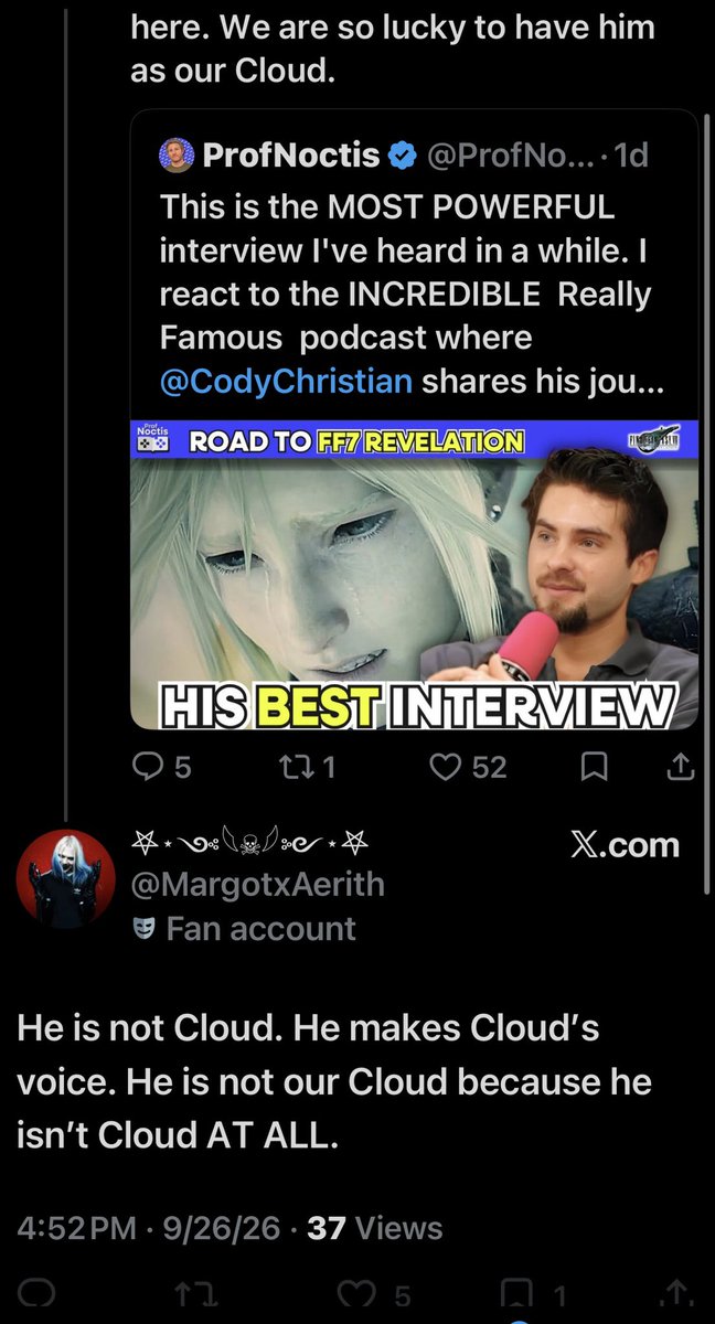 JediJenna's tweet photo. Margie has totally disavowed Cody because he said Tifa knows Cloud better than anyone and that Cloud wouldn’t be who he is without Tifa. It started back when she beefed with Cody over the TIFAAAAAAA meme but still said he “understood Cloud perfectly” lol. Not anymore, I guess💀🫠 https://t.co/nLWaSU02D4