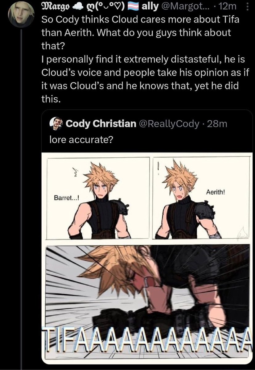 JediJenna's tweet photo. Margie has totally disavowed Cody because he said Tifa knows Cloud better than anyone and that Cloud wouldn’t be who he is without Tifa. It started back when she beefed with Cody over the TIFAAAAAAA meme but still said he “understood Cloud perfectly” lol. Not anymore, I guess💀🫠 https://t.co/nLWaSU02D4