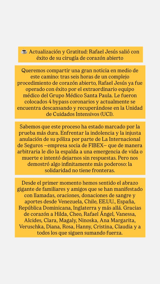 ivanxcaracas's tweet photo. ¿Indolencia criminal? En plena emergencia cardíaca y ante una cirugía de 4 bypass a mi hermano Rafael Méndez, La Internacional de Seguros le anuló la póliza de forma arbitraria. 

Hoy lucha por recuperarse y necesitamos apoyo. 

Toda ayuda cuenta. 🆘👇 https://t.co/lgcrPuAGdj