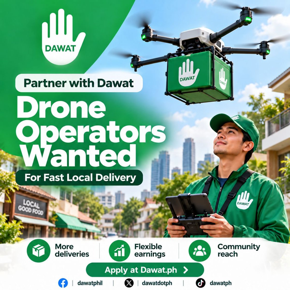 dawatdotph's tweet photo. Drone operators, partner with Dawat.

Help us build faster local delivery for food, groceries, medicine, documents and everyday essentials.

Bring your drone operations into a growing community-driven delivery network.

Apply at https://t.co/a92Ly55AHY https://t.co/rhtJOlgLtO