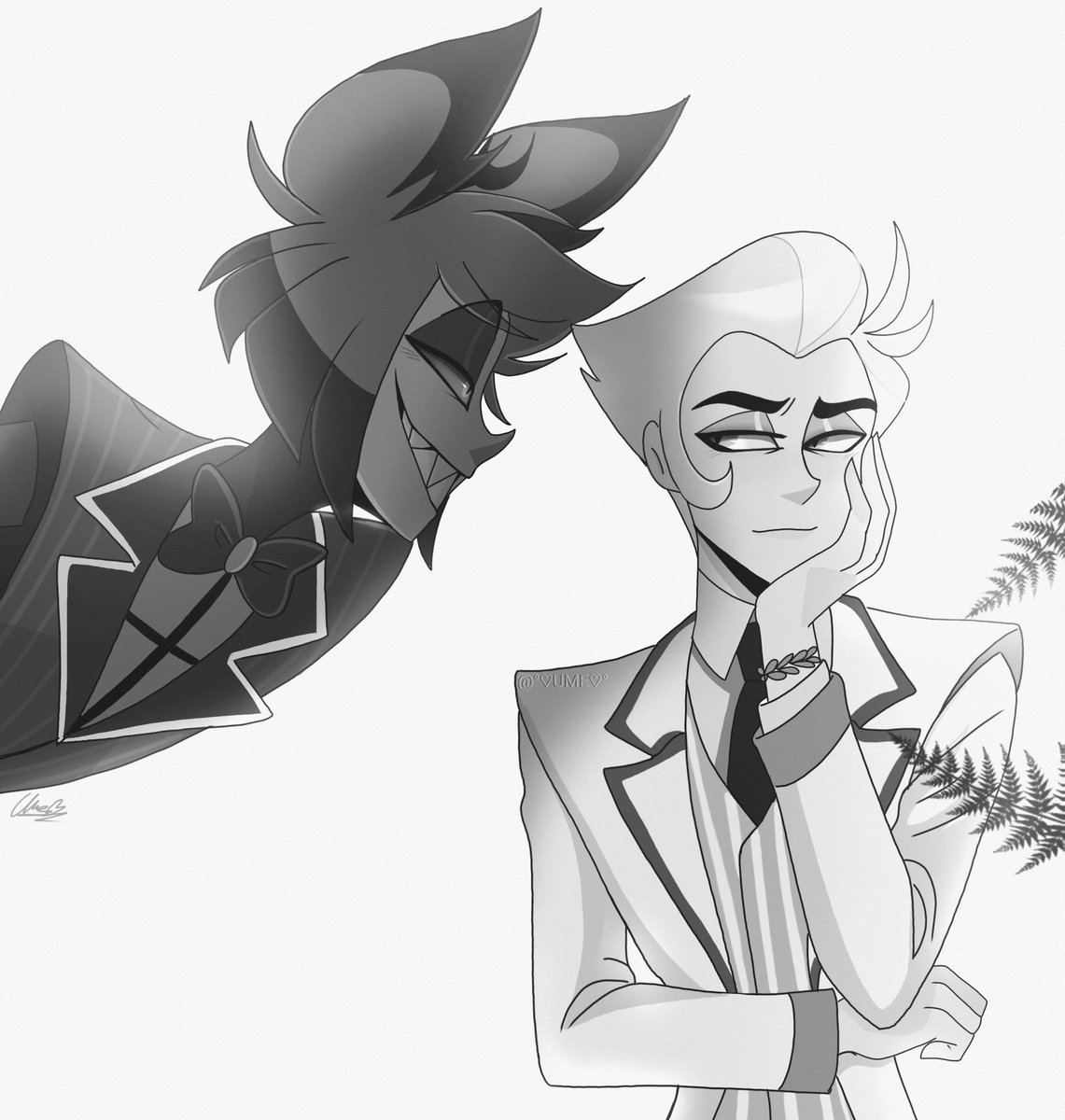 Rin987231's tweet photo. A quick sketch, not very detailed but something  🦆 

Alastor and Lucifer (human) 
In color or black and white, I like black and white lol 
#hazbinhotel #radioapple https://t.co/GJatyMzIZr