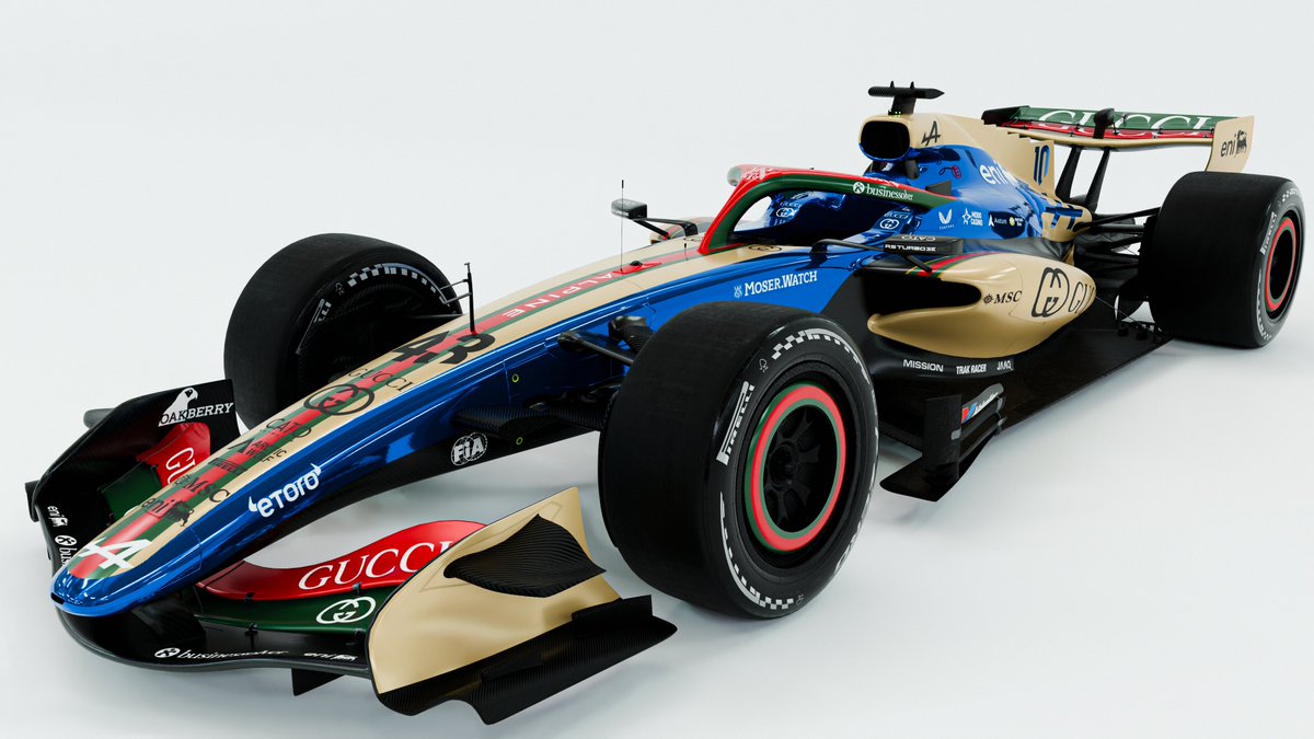 dr_designmotor's tweet photo. Alpine Gucci F1 Livery Concept 
After the @AlpineF1Team announcement about the integration with @gucci for next year's main sponsor. 
For that reason, I’ve made my first approach to next year's livery with reference to this year's livery
#f1 #alpine #gucci #livery https://t.co/IOH7f8edi0