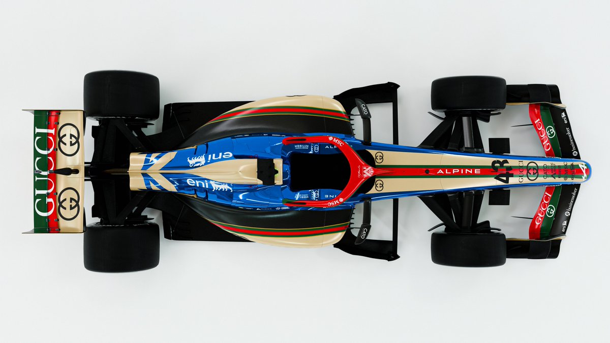 dr_designmotor's tweet photo. Alpine Gucci F1 Livery Concept 
After the @AlpineF1Team announcement about the integration with @gucci for next year's main sponsor. 
For that reason, I’ve made my first approach to next year's livery with reference to this year's livery
#f1 #alpine #gucci #livery https://t.co/IOH7f8edi0