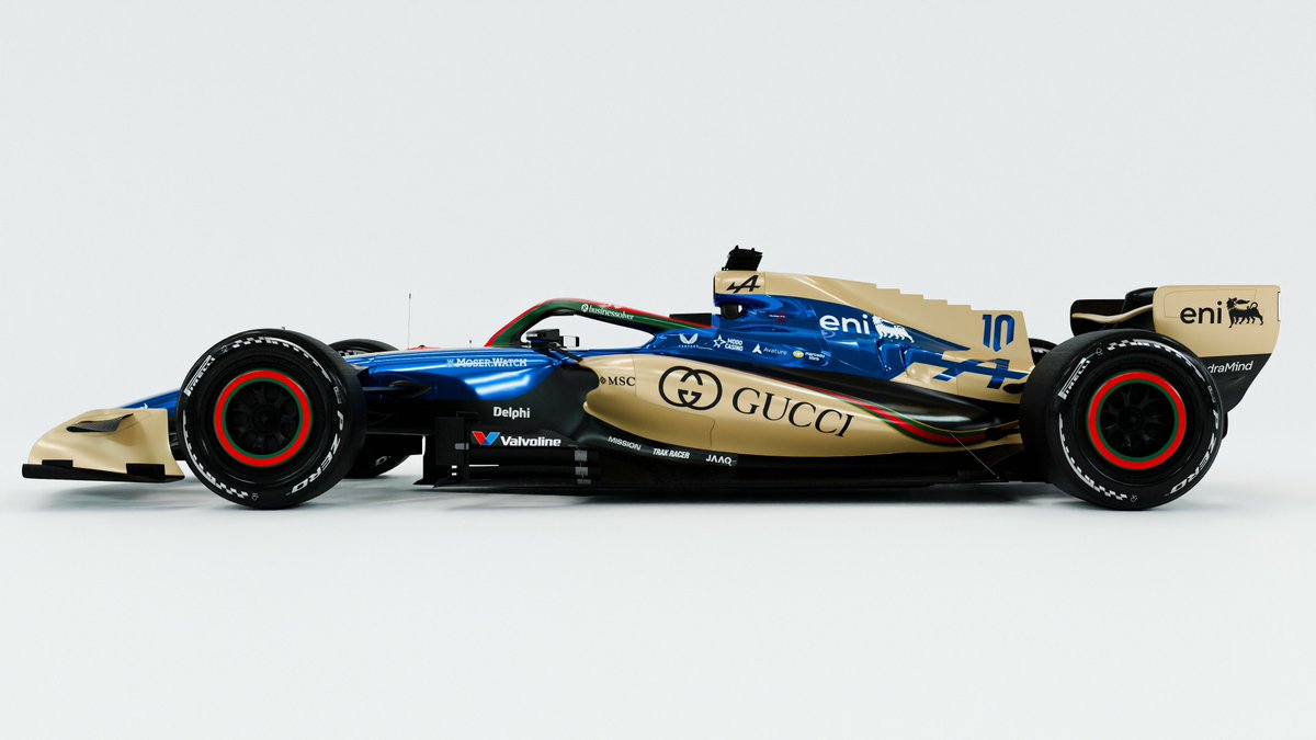 dr_designmotor's tweet photo. Alpine Gucci F1 Livery Concept 
After the @AlpineF1Team announcement about the integration with @gucci for next year's main sponsor. 
For that reason, I’ve made my first approach to next year's livery with reference to this year's livery
#f1 #alpine #gucci #livery https://t.co/IOH7f8edi0