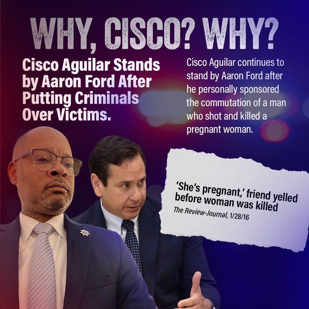NVGOP's tweet photo. .@CiscoAguilar, why are you standing by Aaron Ford after he sponsored a commutation for the man convicted of shooting and killing a pregnant woman?

Nevada families deserve leaders who stand with victims. Why won’t you, Cisco? https://t.co/FzhC7xbMBk