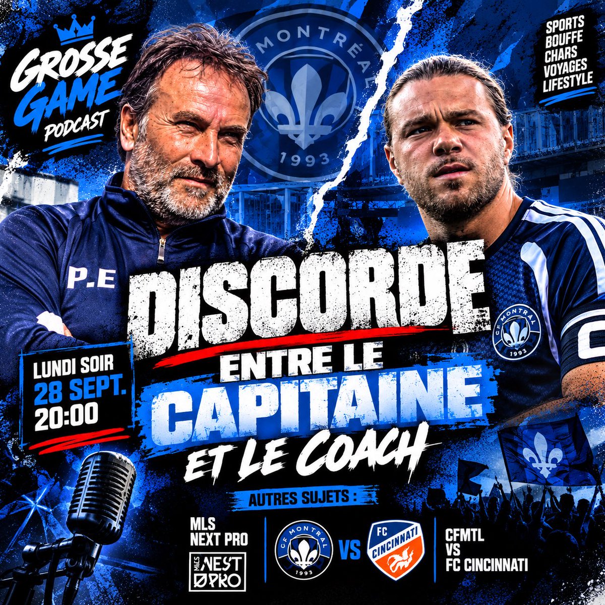 GrosseGameMedia's tweet photo. 🎙️Oh qui va frapper fort celui là! 
⌚️Lundi 20:00 manque pas ça! 

⚽️#CFMTL / #GrosseGame https://t.co/oSKhPrndIi