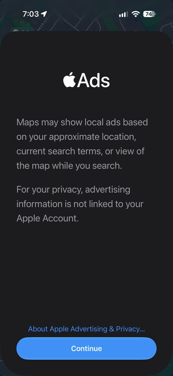 atonse's tweet photo. Really, Apple? Ads in maps now? I thought the whole point of Apple’s value add is to avoid all the ads and tracking stuff. https://t.co/TV7yhgK4DV