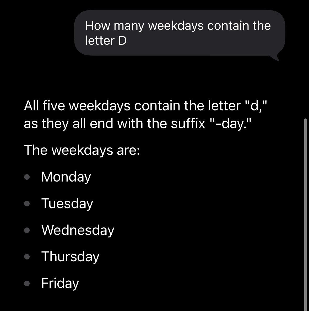 nidfamedkinger's tweet photo. @ugly_cowboy @GaelBreton When you say weekdays it only considers business days for whatever reason, I used similar phrasing to yours and got the same answer. Switch up the wording a bit and it correctly answers https://t.co/5KyDzcmkMn