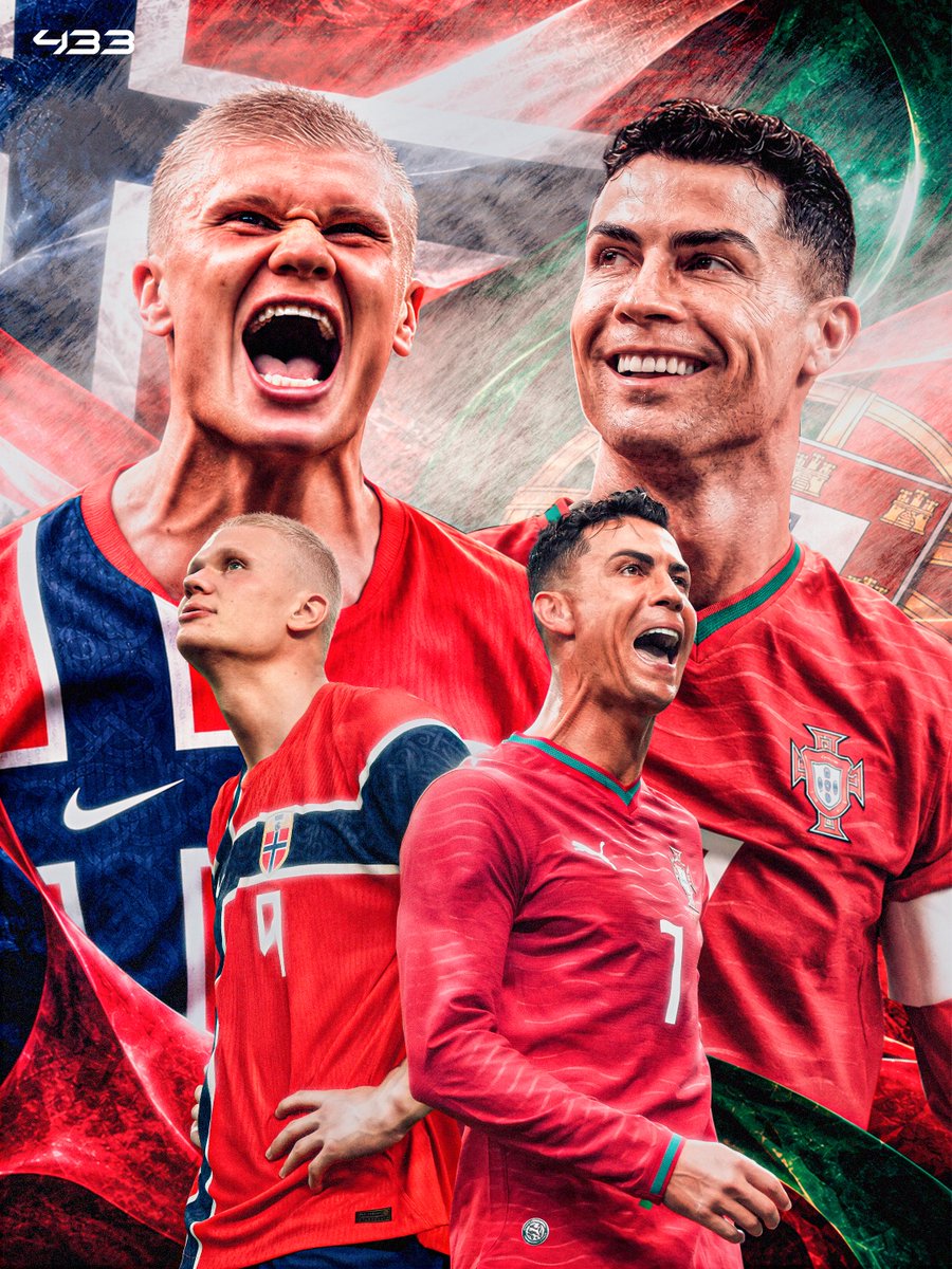 433's tweet photo. 𝐇𝐀𝐀𝐋𝐀𝐍𝐃 𝐕𝐒 𝐑𝐎𝐍𝐀𝐋𝐃𝐎. 𝐍𝐎𝐑𝐖𝐀𝐘 𝐕𝐒 𝐏𝐎𝐑𝐓𝐔𝐆𝐀𝐋 🇳🇴⚔️🇵🇹

These two produce numbers that are simply not human. Tonight, they face each other. 👀

Haaland for Norway:
🏟️ 56 games
⚽ 64 goals
🅰️ 7 assists

Cristiano for Portugal:
🏟️ 234 games
⚽ 146 goals
🅰️ 37 assists

𝗔 𝗕𝗔𝗧𝗧𝗟𝗘 𝗕𝗘𝗧𝗪𝗘𝗘𝗡 𝗧𝗪𝗢 𝗔𝗕𝗦𝗢𝗟𝗨𝗧𝗘 𝗚𝗢𝗔𝗟 𝗠𝗔𝗖𝗛𝗜𝗡𝗘𝗦. 𝗪𝗛𝗢 𝗪𝗜𝗡𝗦 𝗧𝗢𝗡𝗜𝗚𝗛𝗧?