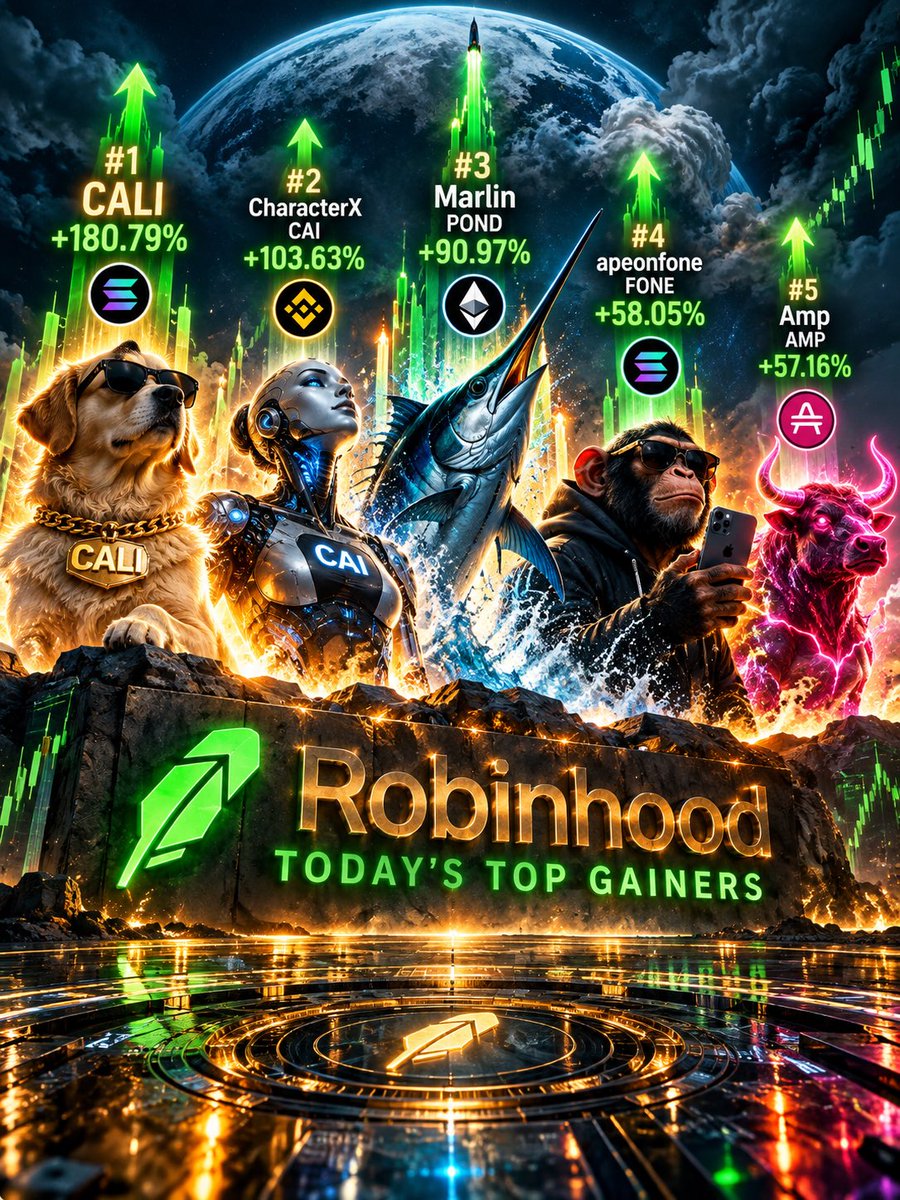 SignalAtTheEdge's tweet photo. ROBINHOOD’S TOP 5 GAINERS TODAY 🚀

CALI +180.79%
CharacterX +103.63%
Marlin POND +90.97%
apeonfone +58.05%
AMP +57.16%

Big green numbers don’t mean low risk. Moves like these can reverse violently, and smaller tokens can carry thin liquidity, concentrated holders, high turnover, slippage, reward/tokenomic complexity and momentum-driven volatility.

Contract first. Liquidity second. Distribution third. Chase nothing. Verify everything. 🜏⚡

Snapshot from Robinhood’s Top Gainers list. Not financial advice.

#Crypto #Robinhood #Altcoins #Memecoins #MonsterHunt