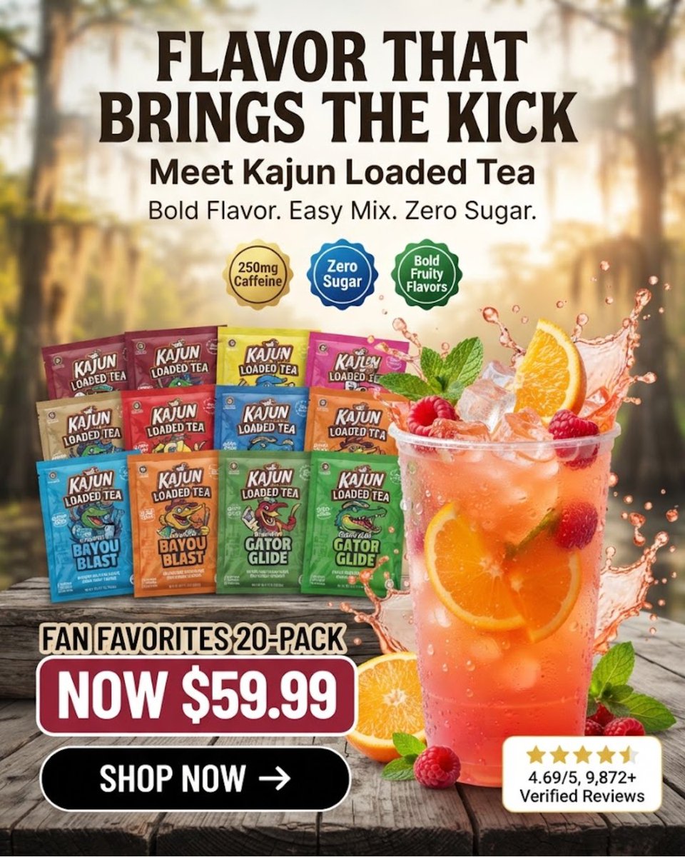 NancyEigoid's tweet photo. Sip big. Taste bold. Go Kajun. Bring Kajun Loaded Tea’s vibrant flavors to your cup. Choose from fruity favorites and sweet-and-sour blends, mix with ice, and discover your new favorite flavor. Shop now. https://t.co/aalkrOqXGW