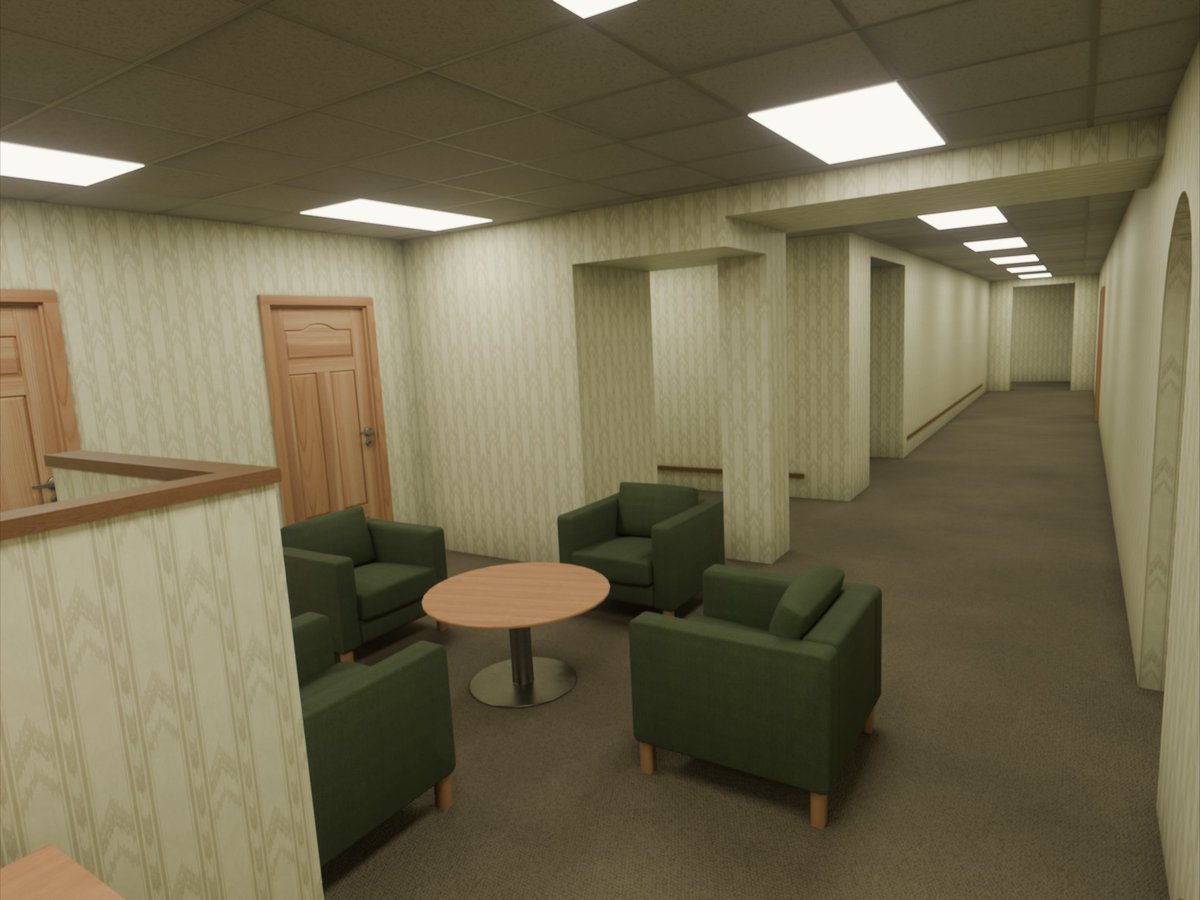 NagayumeS's tweet photo. Another one of a room/hallway i stumbled into wandering around campus #blender #backrooms https://t.co/rI1IoPHcve