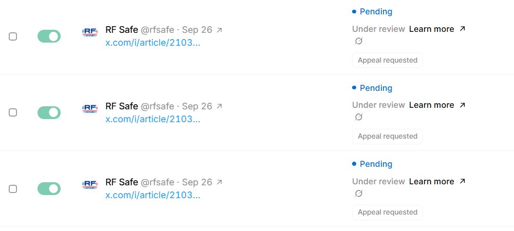 rfsafe's tweet photo. X @elonmusk will not let me pay to tell people that the United States just asked for their comments on EMF.

Attached screenshot. Three Articles Today. Halted.. Reason: “Political Content.”

There is no candidate in those Articles. No party. No donate button. No vote. They point at an official HHS Request for Information on wireless radiation — phones, Wi-Fi, towers, smart meters, kids — and they point at the form.

Docket HHS-OASH-2026-0397. 
Comments close October 21, 2026.

HHS asked scientists, physicians, parents, and people who think they have been harmed to put it in the federal record. I tried to promote the notice so someone with EHS, or a parent who has never heard the docket number, might find the door before it shuts.

X called that political.

Elon says this is a town square. A town square is a busy corner. A soapbox on an empty side street is not a town square. 

Organic posts on this subject already fight the algorithm. Then the paid corner gets locked because the copy names a Cabinet secretary and a live federal process.

I am not asking anyone to take a party position. I am asking people to take the position the First Amendment already gave them: when the government asks for comment, you get to answer, and you get to tell your neighbor the window is open.

This is not left or right. This is whether a health docket about children and people with electromagnetic sensitivity is allowed to be seen.

IARC has not sat on radiofrequency since 2011. The FCC’s limits are still built around heating tissue. 

HHS opened the record. X blocking paid notice of that record protects the status quo. It does not protect speech.

If you have a story, file it. If you know someone who should already be in this file, send them the form. 

The X platform decided that a civic notice is campaigning.

Official comment form: https://t.co/gD4HUMHlpS

@elonmusk @X a public-comment deadline is not a campaign ad. X is NOT Townsquare!