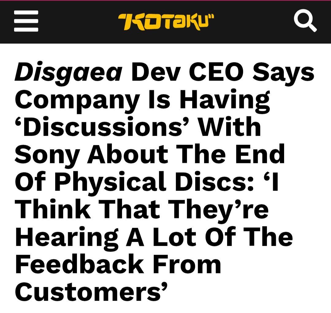 xMBGx's tweet photo. Disgaea Developer CEO confirms Sony is discussing the future of physical games with studios/publishers &amp; taking in feedback. 

He says code in a box is a possibility, but that the discussions are ongoing and things could change. 

https://t.co/YAtleBPQ5c https://t.co/3lSrcIuGx1
