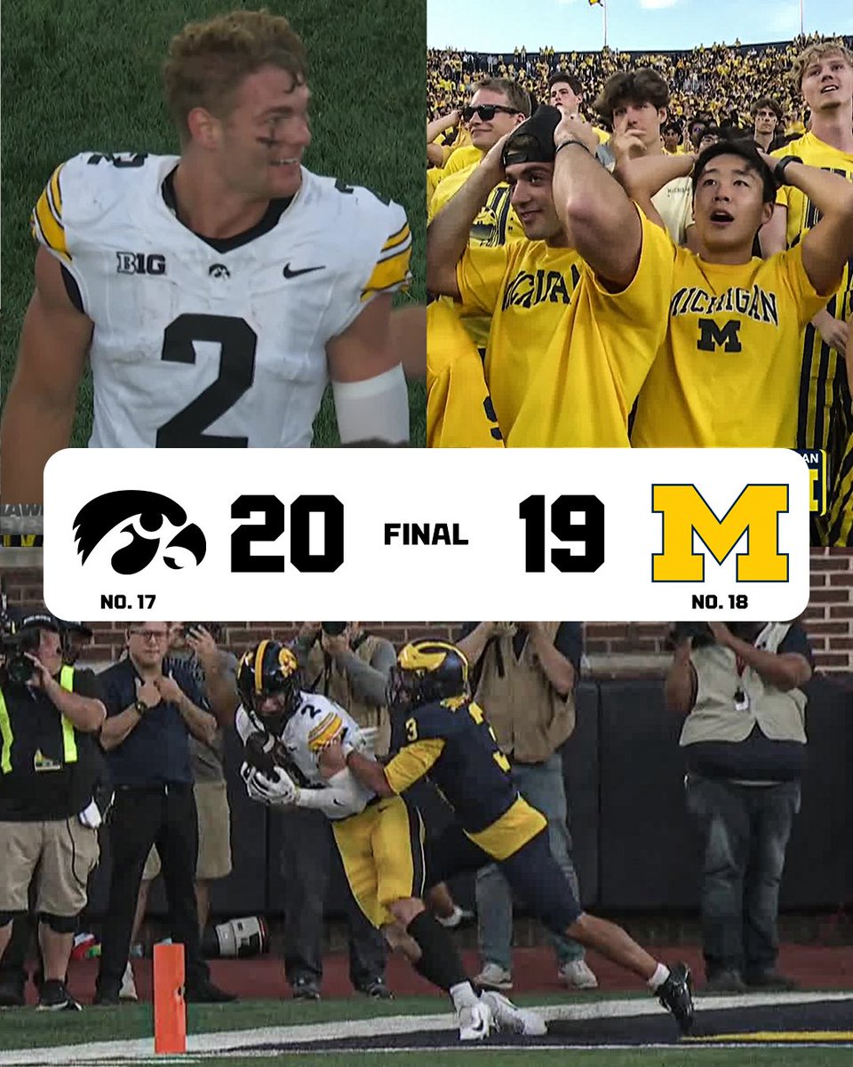 ESPNCFB's tweet photo. IOWA STUNS MICHIGAN AT THE BIG HOUSE WITH A LAST-SECOND TOUCHDOWN 🔥 https://t.co/FkTFbQSehG