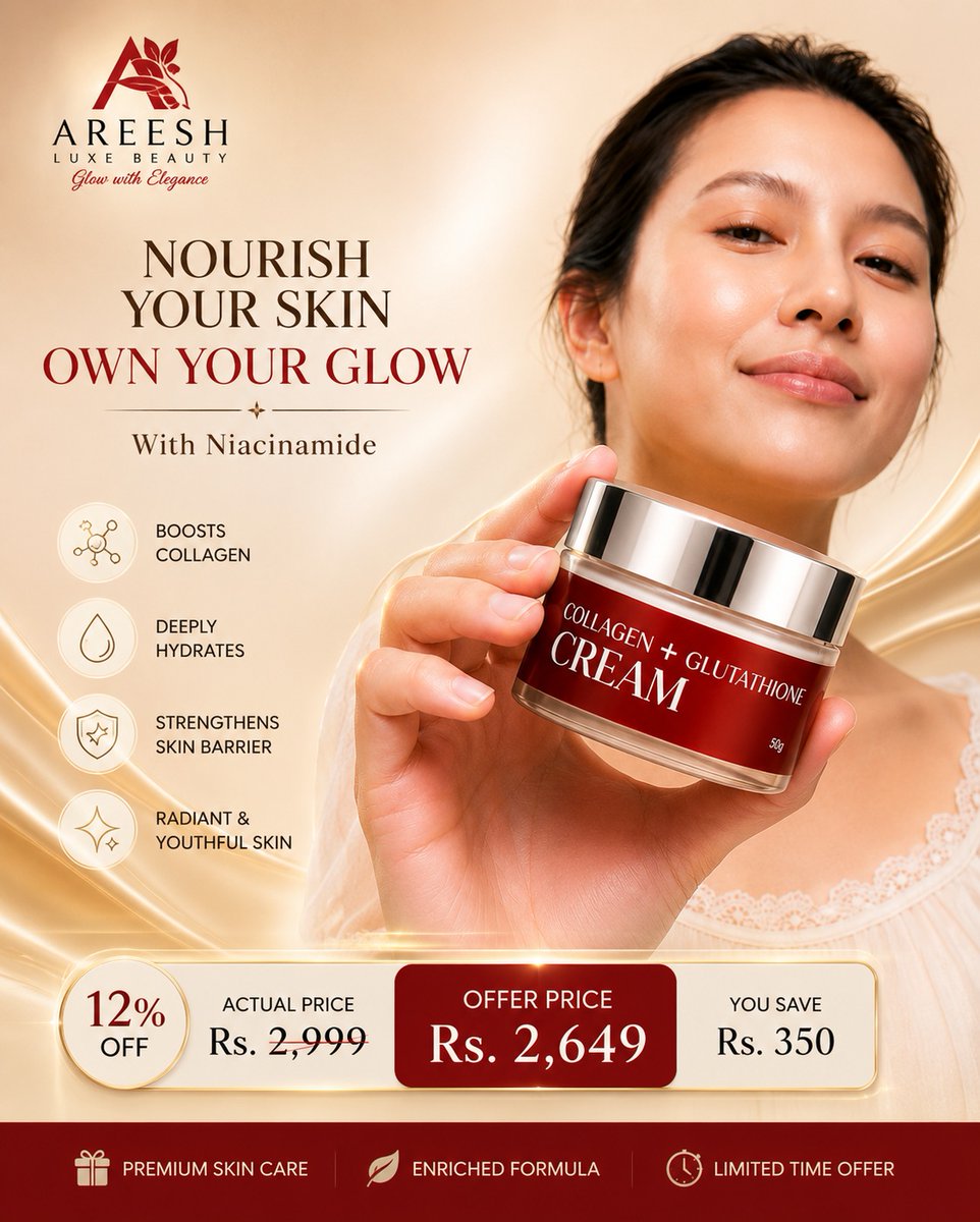 TequilaCoredlp's tweet photo. Reveal firmer, healthier, more radiant skin every day with Areesh Luxe Beauty Collagen and Glutathione Cream. Enriched with Niacinamide, it deeply hydrates, improves texture, strengthens the skin barrier, boosts elasticity, and promotes a youthful https://t.co/YFtILOznx1