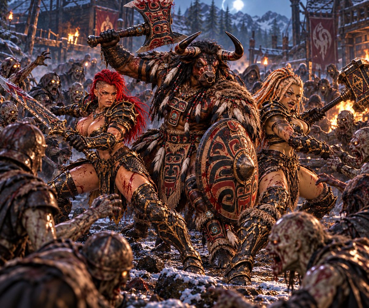 Ralphalangelo's tweet photo. #GeminiStormblade #ThornokBrontes #Venusskullcrusher battling off a zombie apocalypse #skyrim #ai #aiart #fanastyart https://t.co/biO6nOUrO1