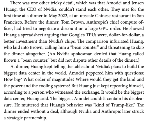 IntCyberDigest's tweet photo. Jensen Huang called Anthropic compute chief Tom Brown a "bean counter" and threatened to skip his first dinner with Dario Amodei in May 2022 after Brown showed him a spreadsheet arguing Google's TPUs beat Nvidia's chips dollar for dollar.

At the dinner, Huang kept repeating that Nvidia would build the world's biggest data centre, and Amodei muttered that his behaviour was "kind of Trump-like."