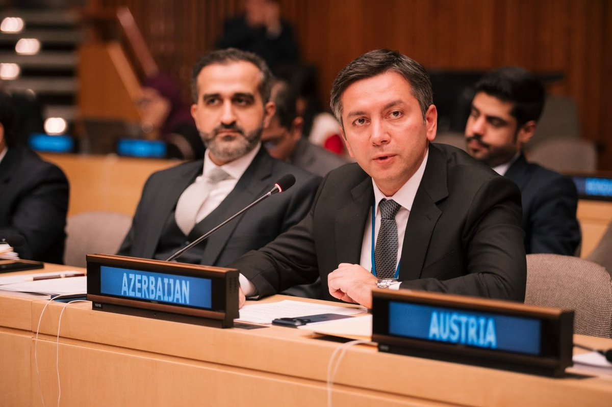 AzerbaijanMFA's tweet photo. On the fifth day of #UNGA81 Deputy Foreign Minister Yalchin Rafiyev attended and delivered speech/remarks in a number of high-level events and held bilateral meetings:

☑️ At the High-Level Meeting of the @UNAOC Group of Friends, he highlighted Azerbaijan’s pioneering role in the #BakuProcess and the World Forum on #Intercultural #Dialogue and announced that Azerbaijan expresses its intention to host the UNAOC Global Forum in 2027.

☑️ At the Joint Arab-Islamic Ministerial Meeting on Jerusalem, he reiterated Azerbaijan’s firm support to a two-state solution, with #Al-Quds Al-Sharif as the capital of the State of #Palestine, in accordance with #international law and relevant @UN resolutions. 

☑️ He held bilateral meetings with H.E. Fatumata Jau, Minister of Foreign Affairs of the Republic of Guinea Bissau and H.E. Lasha Darsalia, Deputy Foreign Minister of Georgia for an exchange of views on cooperation within international organizations.