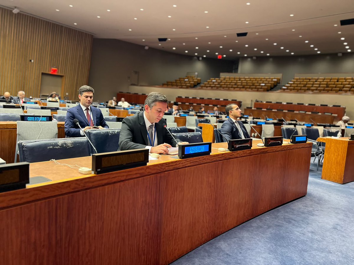 AzerbaijanMFA's tweet photo. On the fifth day of #UNGA81 Deputy Foreign Minister Yalchin Rafiyev attended and delivered speech/remarks in a number of high-level events and held bilateral meetings:

☑️ At the High-Level Meeting of the @UNAOC Group of Friends, he highlighted Azerbaijan’s pioneering role in the #BakuProcess and the World Forum on #Intercultural #Dialogue and announced that Azerbaijan expresses its intention to host the UNAOC Global Forum in 2027.

☑️ At the Joint Arab-Islamic Ministerial Meeting on Jerusalem, he reiterated Azerbaijan’s firm support to a two-state solution, with #Al-Quds Al-Sharif as the capital of the State of #Palestine, in accordance with #international law and relevant @UN resolutions. 

☑️ He held bilateral meetings with H.E. Fatumata Jau, Minister of Foreign Affairs of the Republic of Guinea Bissau and H.E. Lasha Darsalia, Deputy Foreign Minister of Georgia for an exchange of views on cooperation within international organizations.