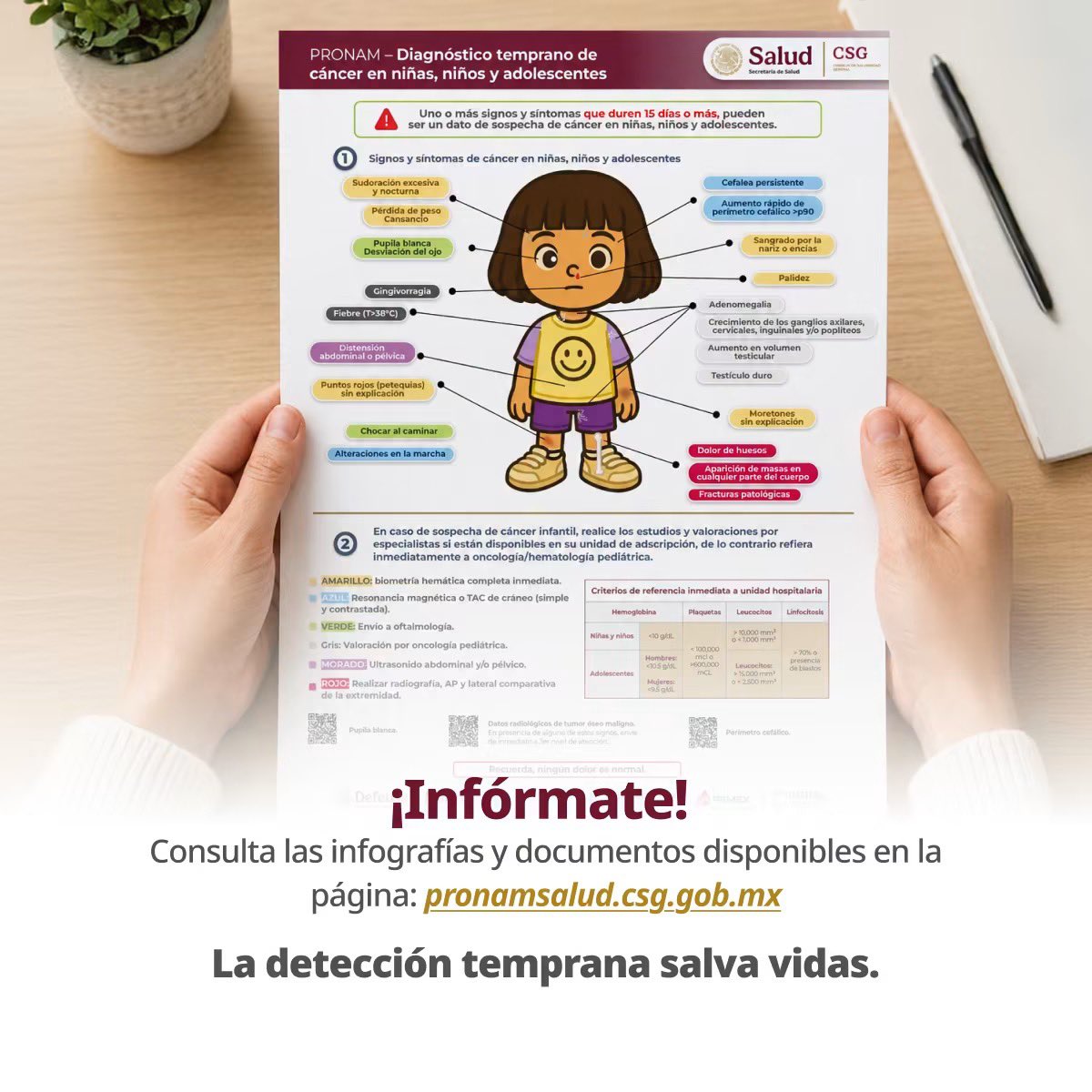 SSalud_mx's tweet photo. Septiembre | Mes de la Concientización del Cáncer Infantil 🎗

En el #CáncerInfantil La detección temprana puede marcar la diferencia.

Algunos signos de atención son pérdida de peso, fiebre persistente, cansancio intenso, dolor de cabeza frecuente, vómitos, cambios en la visión, bultos, inflamación y moretones sin causa aparente. 

Conoce las señales de alerta del cáncer infantil consultando el PRONAM:  https://t.co/2julm9C0IK 

Observa a tus hijas e hijos, si presentan síntomas, consulta a un profesional de la salud.🚨🏥