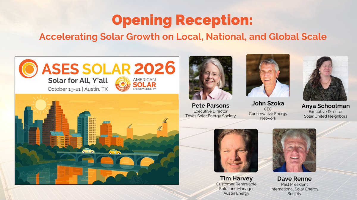 ASES_Solar's tweet photo. Opening Plenary: Monday, October 19, 6-9pm
Palmer Events Center | Austin, TX

Opening Plenary Panel: Accelerating Solar Growth on Local, National, and Global Scale

Learn more and register: https://t.co/rjijyw137Y https://t.co/2GTsbc00lZ