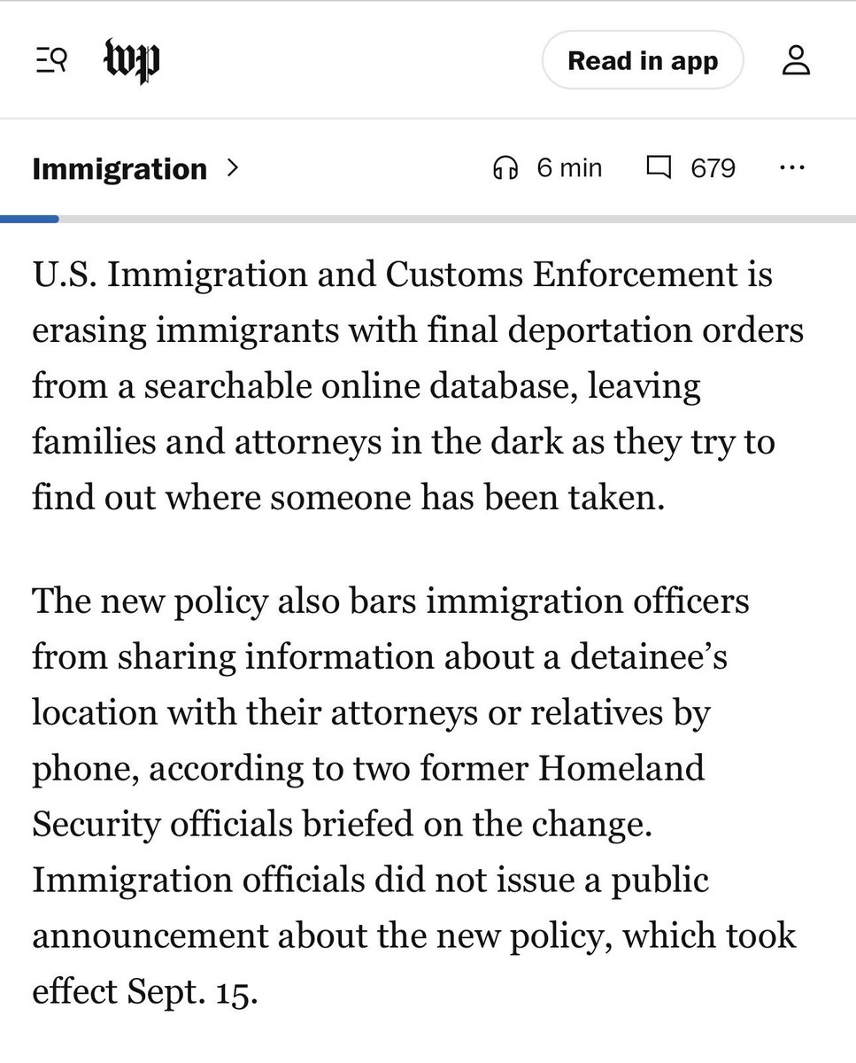 DanielleLangWa's tweet photo. 😳 WHAT THE ACTUAL 🤬?!
The United States is officially “disappearing” people. Literally deleting them from the system. No record of them at all. Not even where they were sent to. It’s not a glitch or an error. IT’S THE NEW POLICY. 

This is really disturbing. I’m not saying they’re killing them, but if family and attorneys get no information, not even where to look for them, they’re definitely making it harder to determine if these deportees are even alive. 

Gift article: https://t.co/XsgStwB9ny