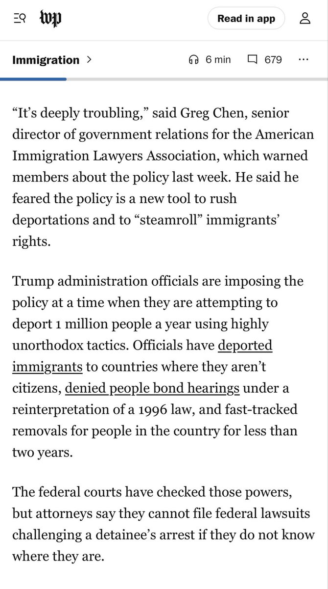 DanielleLangWa's tweet photo. 😳 WHAT THE ACTUAL 🤬?!
The United States is officially “disappearing” people. Literally deleting them from the system. No record of them at all. Not even where they were sent to. It’s not a glitch or an error. IT’S THE NEW POLICY. 

This is really disturbing. I’m not saying they’re killing them, but if family and attorneys get no information, not even where to look for them, they’re definitely making it harder to determine if these deportees are even alive. 

Gift article: https://t.co/XsgStwB9ny