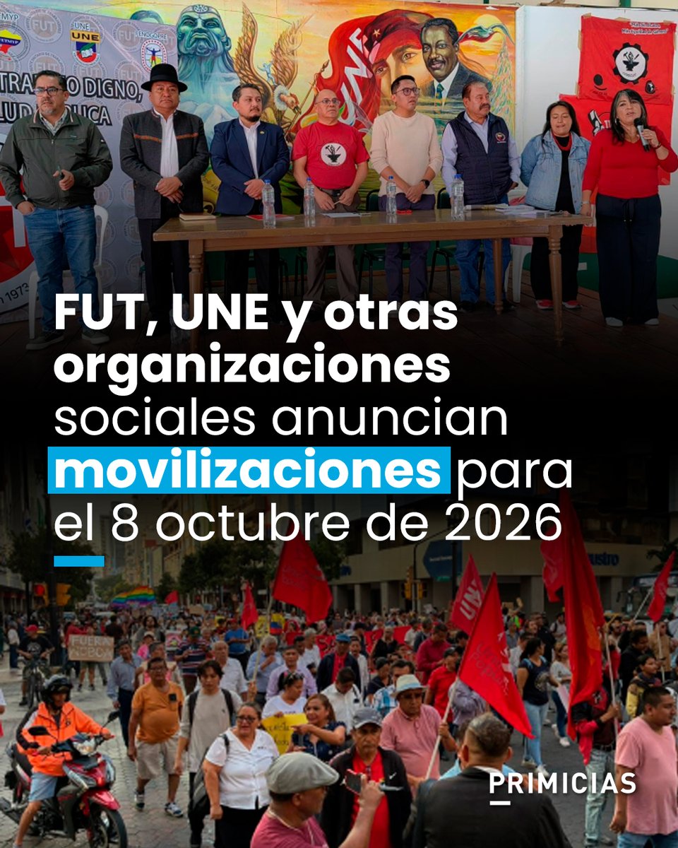Primicias's tweet photo. Edwin Bedoya, presidente del Frente Unitario de Trabajadores (FUT), dijo este 26 de septiembre de 2026, que rechazan las políticas del Gobierno y confirmó que se realizarán movilizaciones el 8 octubre. https://t.co/EUIUC6oiK2 https://t.co/Aj9jhtxatt