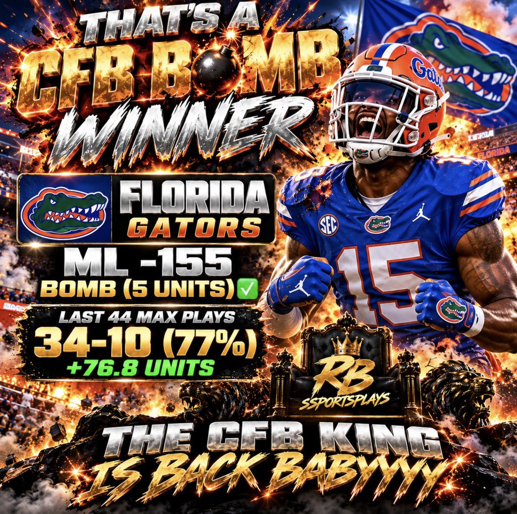 RBsSportsPlays's tweet photo. LIKE/RETWEET $100 TO 4 DANCERS 🫵🏽

BOOOOOOOOMMMMMMMM

CASH THE RARE CFB BOMB BABYYYY

Florida Gators ML -155 BOMB (5 Units)✅

Last 44 MAX Plays 34-10 (77%) +76.8 Units

WE DANCING AGAIN 🕺🏻 https://t.co/DafO0fKBUj