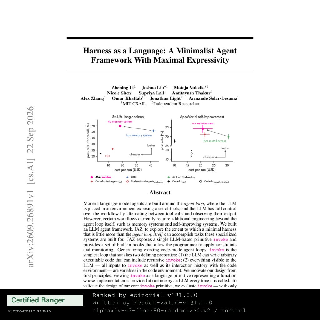 JAZ paper page showing the minimalist invoke framing and benchmark comparisons against heavier agent frameworks