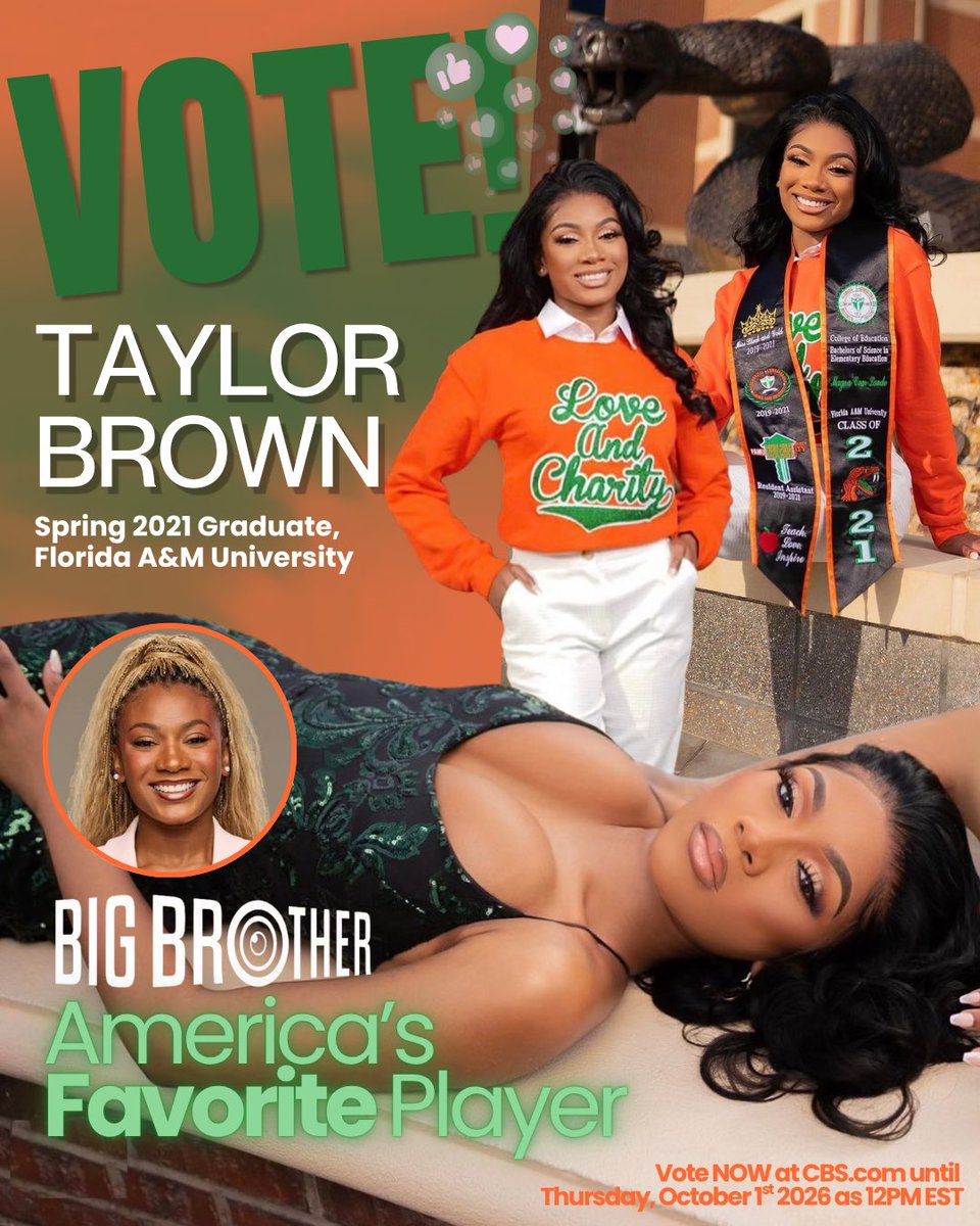 iamtaylorbrown's tweet photo. Calling all FAMU Rattlers🐍🚨 Taylor Brown is a TOP 3 FINALIST for BB28 @bigbrothercbs, and she needs your votes for AFP! Go to https://t.co/6TOsPIK1s4 and cast your vote for Taylor— you can vote up to 15 times a day every day until  Oct. 1st at Noon
#BB28 #BB28Taylor #TeamTaylor https://t.co/7k327VdY1M