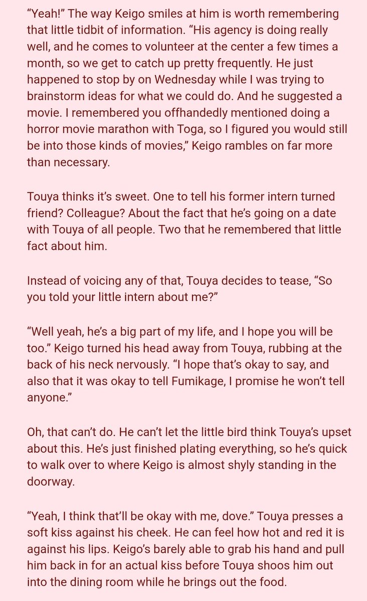 Feelsfactory_'s tweet photo. Post war DabiHawks fic they're going on dates!! Told myself last week that this fic was going to be 20k at most and I have at least three scenes left and were at 18k baby!! Debating if it should be a longshot or multiple chapters https://t.co/UZvqWIWPDz