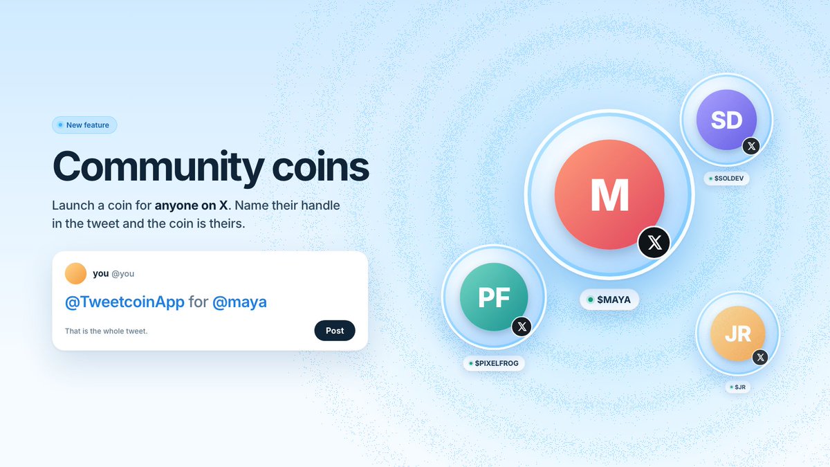 TweetcoinApp's tweet photo. Introducing community coins.

Tweet "@TweetcoinApp for @anyone" and a coin launches for them. Their name, their coin, and the creator fees go to them.

Launch one for your favourite account today. https://t.co/2EkV5qXHTo