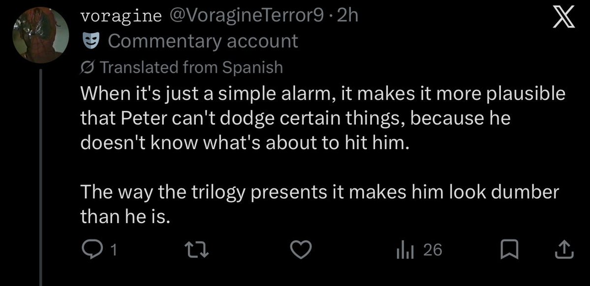 stemot99's tweet photo. @absolutepico @VoragineTerror9 But that doesn’t mean Raimi’s Spider-Sense makes him omniscient 😭 It’s still a warning system Peter can sense danger without necessarily knowing exactly what’s coming. His Spider-Sense can tell him something is wrong, while his reflexes still have to react to it https://t.co/mb3ZrX4dCg