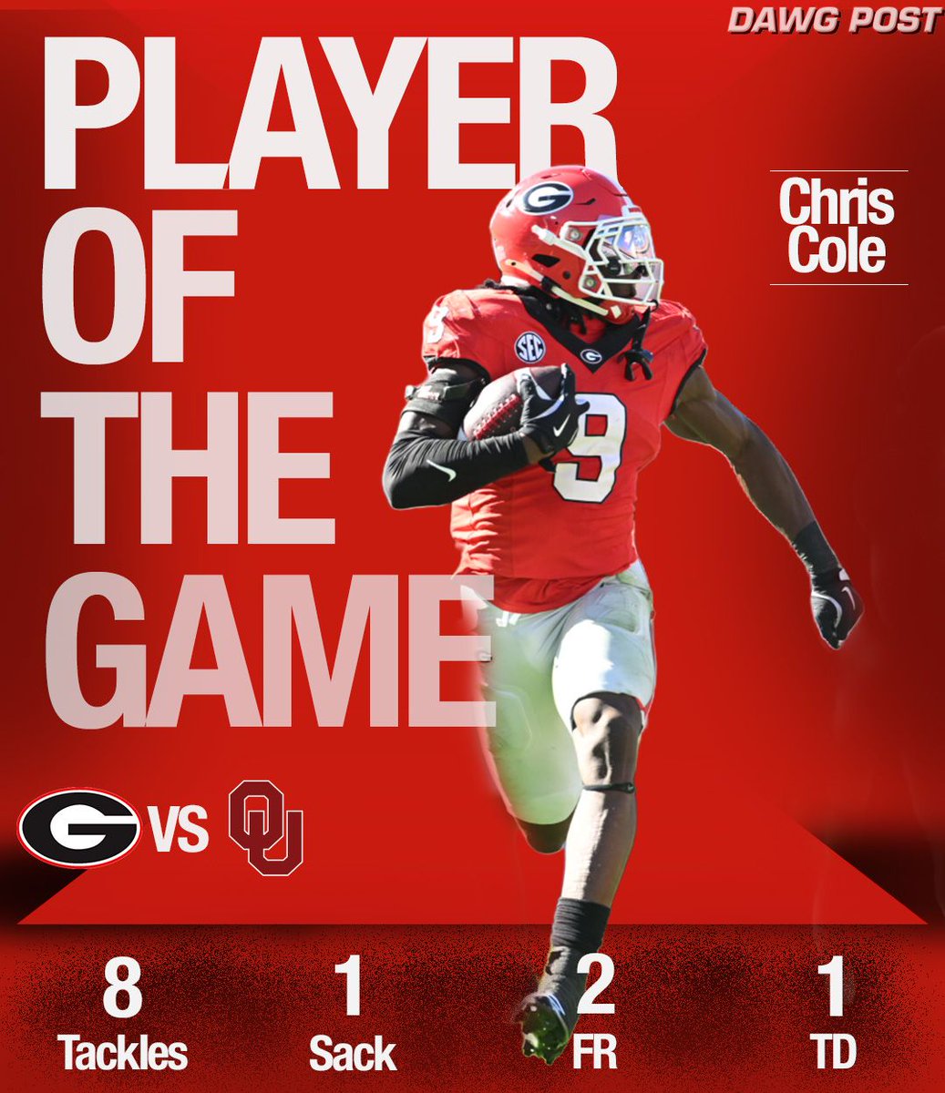 Dawg_Post's tweet photo. Chris Cole DOMINATED the Oklahoma Sooners. The Georgia Bulldog linebacker returned two fumbles, taking one of them to the house for an 85-yard scoop and score. 

Dawg Post Newsletter: https://t.co/IUUf2upqSx 

#georgiabulldogs #chriscole #oklahomafootball https://t.co/toQbsouUC0