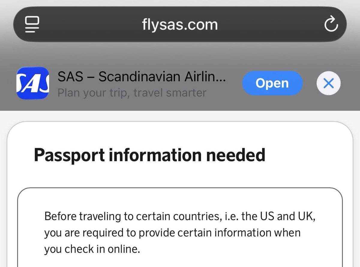 waterblocknyc's tweet photo. @SAS hi I have a flight coming up from JFK to Copenhagen and the website says my passport info is needed. but when I proceed it just asks for my nationality and then I try to save but nothing happens. Can you help input my passport info into the system for my flight ? Thank you https://t.co/Mu741h7TFl