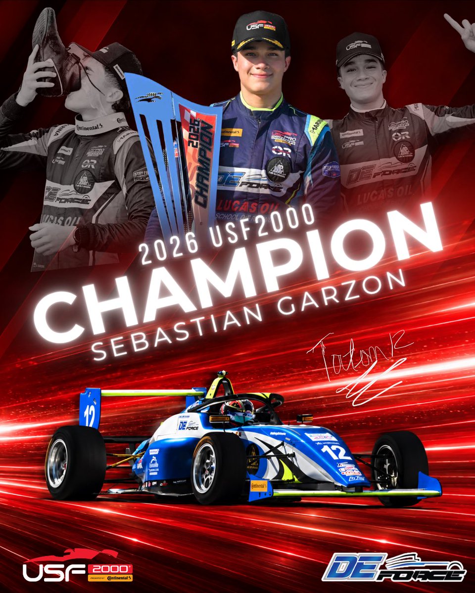 USF2000's tweet photo. 🏆 SEBASTIAN GARZON IS YOUR 2026 USF PRO CHAMPIONSHIPS USF2000 CHAMPION! 🏆

Colombian driver Sebastian Garzon clinches the scholarship with DEForce Racing after a season of hard work and determination. Huge congratulations to Sebastián and the entire team! 👏🏁

#USFPro #INDYCAR #Motorsports  #Continentaltire #VPRacing