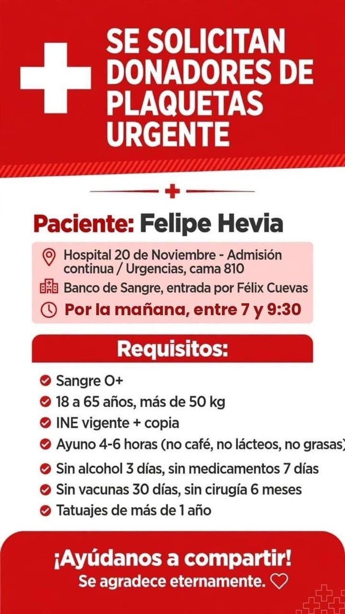 adnnoticiasmx's tweet photo. 🩸🙏 Se necesitan donadores de plaquetas O+ para Felipe Hevia, quien se encuentra en el Hospital 20 de Noviembre, #CDMX. Tu ayuda puede ser muy importante https://t.co/mLSG7N56nV