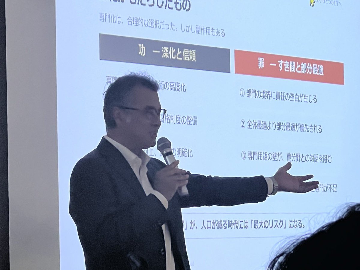 shogo_brucke's tweet photo. 【ふたたび、ひとつの工学へ】

日本技術士会中部本部の秋季講演会で、「持続可能な社会と技術士の役割」をテーマに講演しました。専門分化が生む「分断」を越え、時間・空間・分野を束ね直す。技術士こそ、翻訳者・統合者・公益の担い手に。名古屋の夜は、相変わらず酒場で試練でした(^^)♡ https://t.co/GHjV1mMHSR