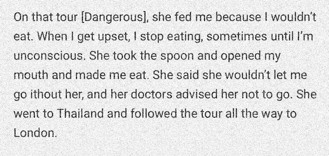 myapriest's tweet photo. though he hid this from the media for a bit (rightly so) michael had opened up abt liz helping him eat in 1993 when the dangerous tour was still going on. he was under alot of stress, struggling with anxiety due to the false allegations and extortion. :(( https://t.co/NLF7cDTydn